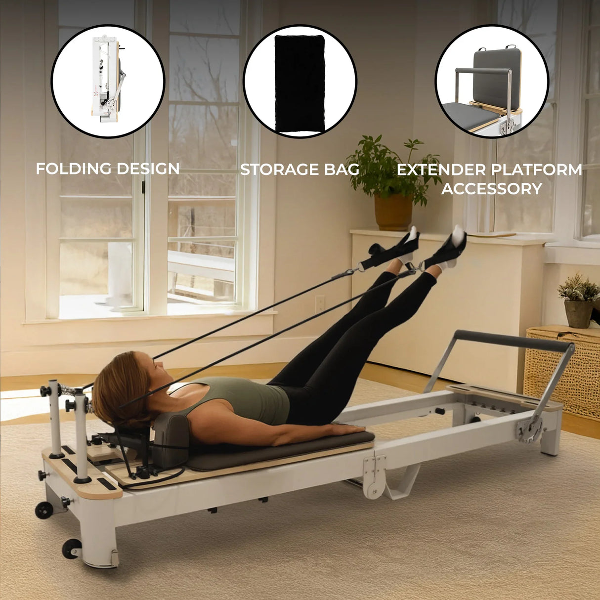 Aluminium Pilates reformer machine with a sleek design, featuring a folding frame, storage bag, and extender platform accessory