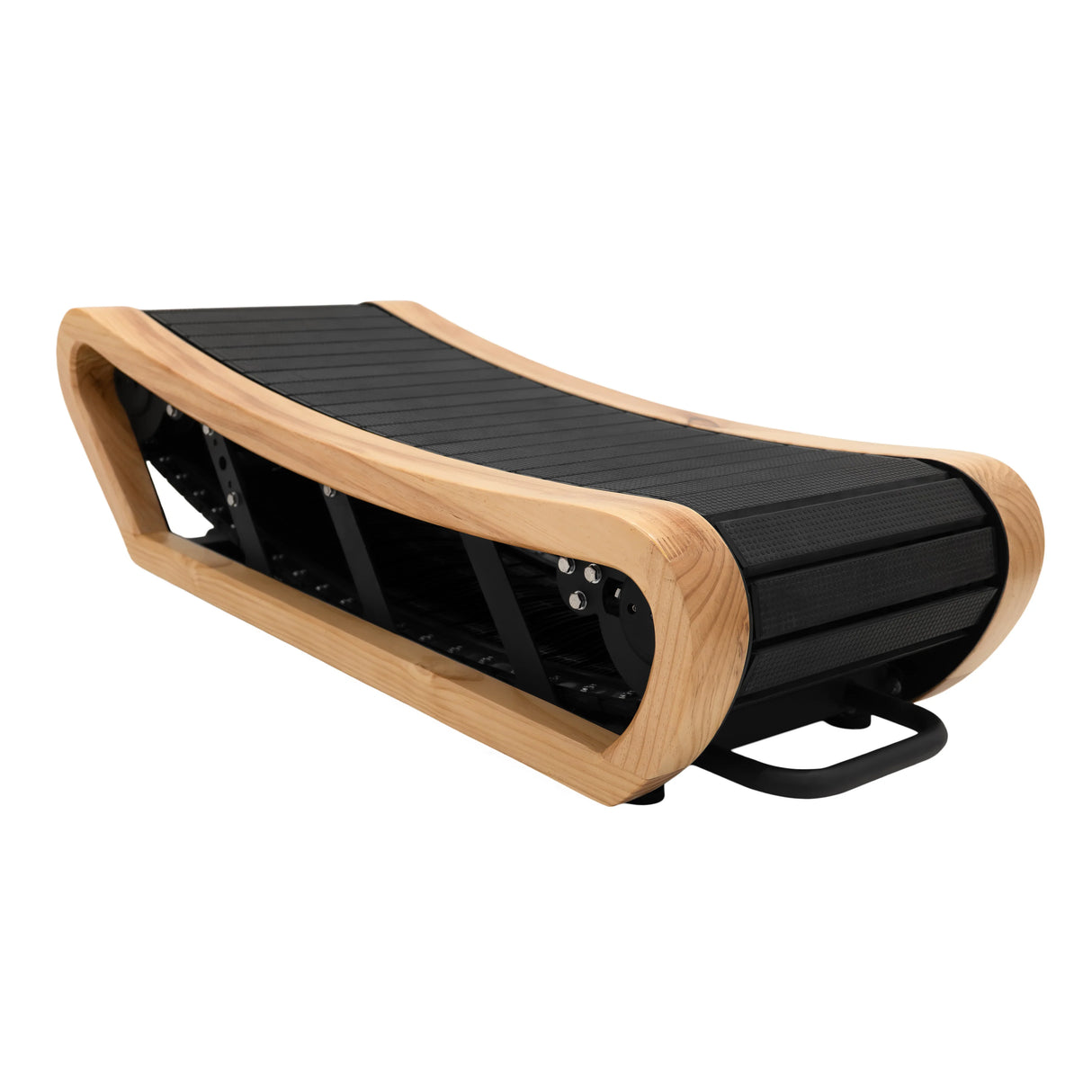 Curved treadmill in light oak finish features a sleek, ergonomic design with a textured black running surface and sturdy frame