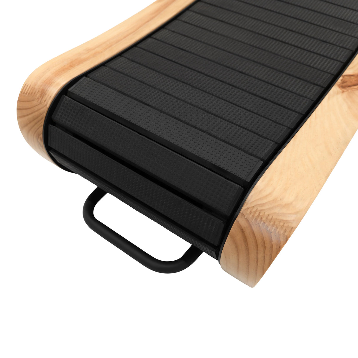 Curved treadmill with a light oak frame, featuring a textured black running surface and a sturdy handle for easy transport