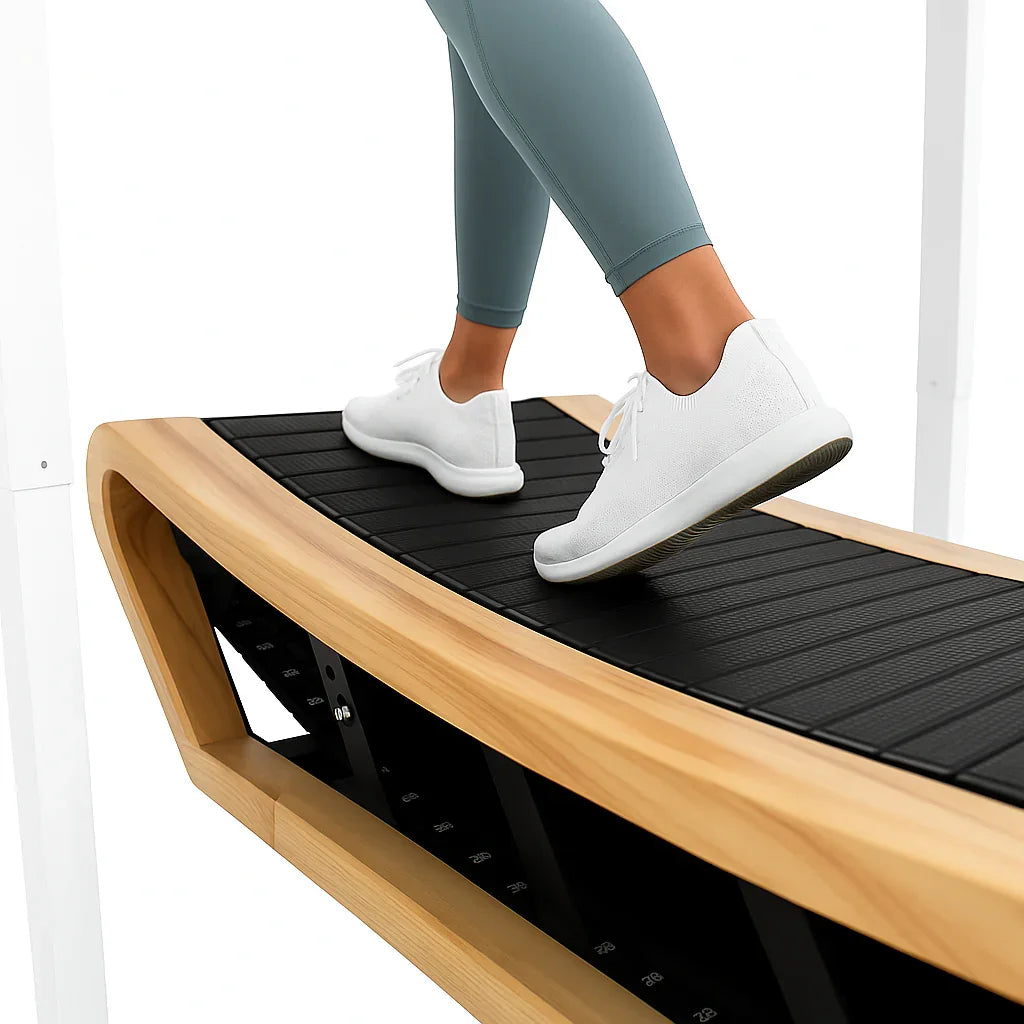 Curved treadmill in light oak finish with a textured black running surface, featuring a person walking in stylish athletic wear