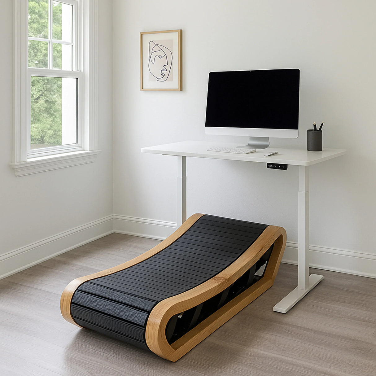 Curved treadmill in light oak finish, featuring a sleek design with a black running surface, set in a modern home office environment
