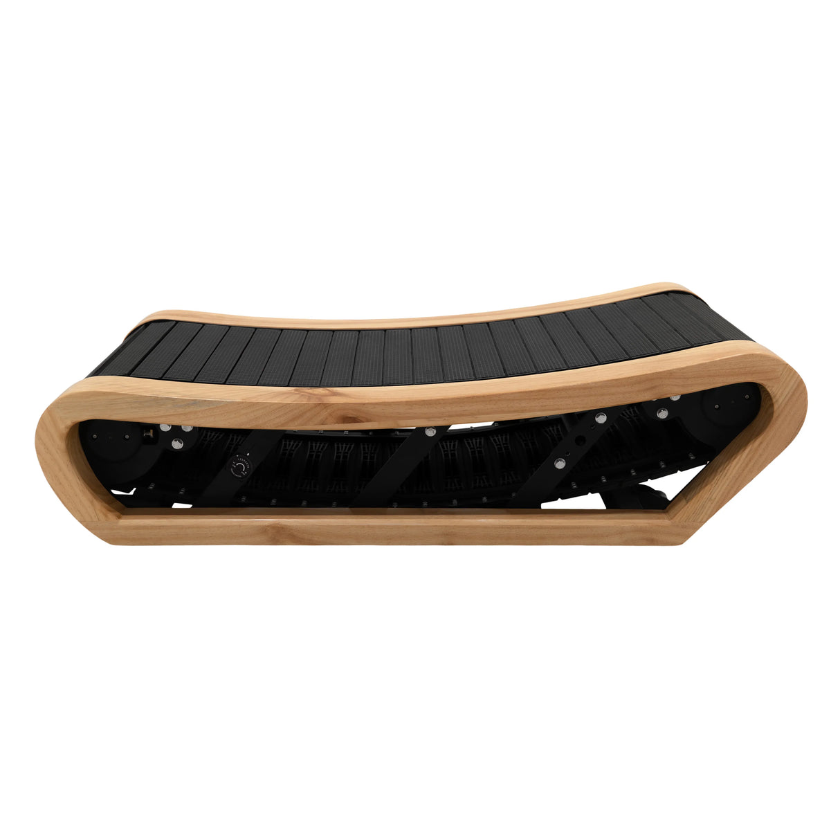 Curved treadmill in light oak with a sleek, modern design, featuring a black running surface and smooth, rounded edges