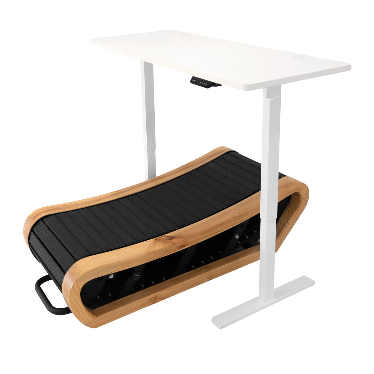 Curved treadmill in light oak finish with a sleek black running surface, designed for home workouts and compact spaces