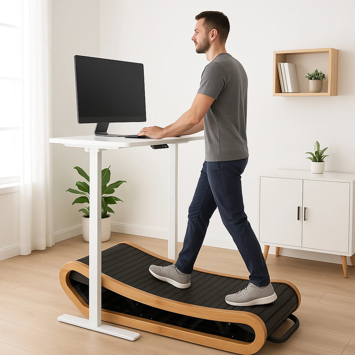 Curved treadmill in light oak finish, featuring a sleek design with a textured black running surface, ideal for home workouts