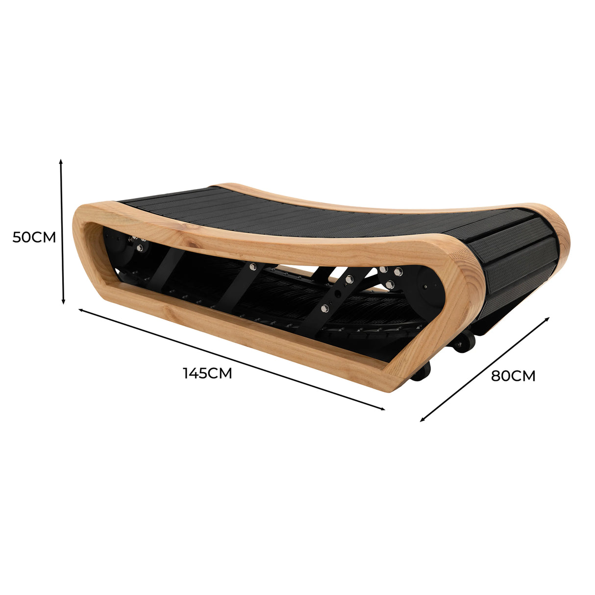 Curved treadmill in light oak finish, showcasing a sleek, ergonomic design with black running surface and dimensions of 145cm x 80cm x 50cm
