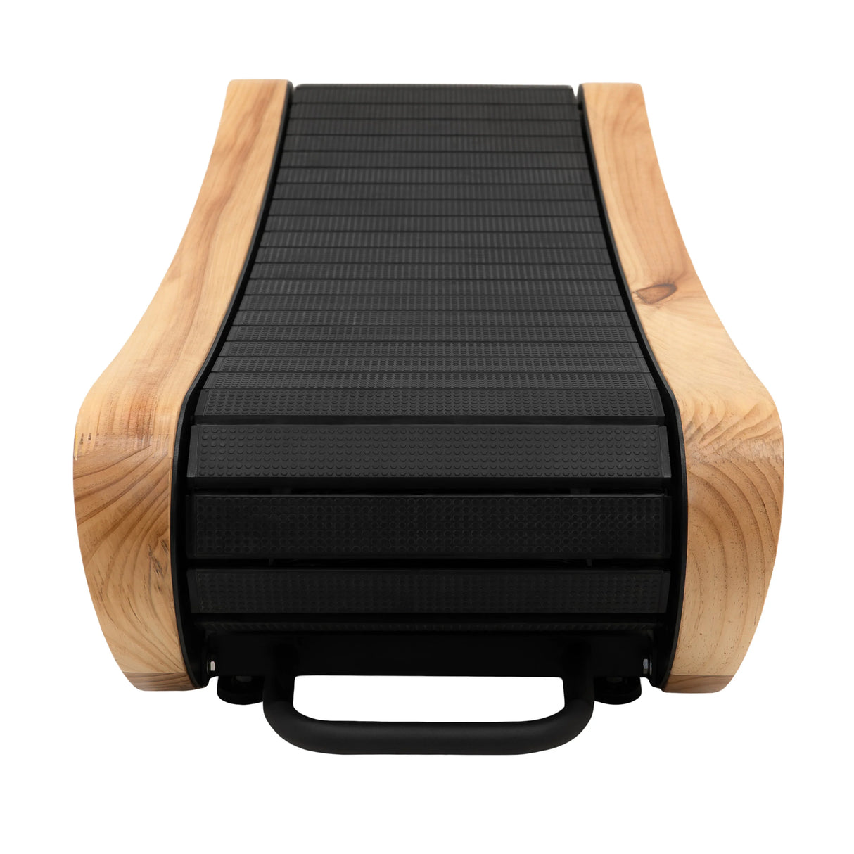 Curved treadmill in light oak finish, featuring a textured black running surface and sleek, modern design for home fitness