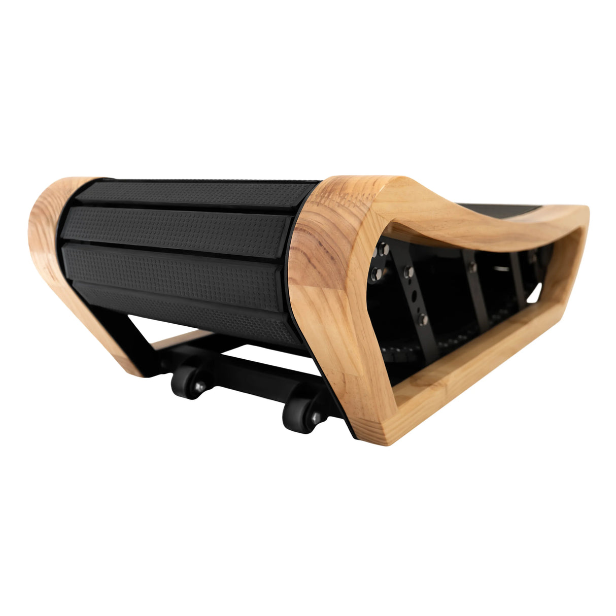 Curved treadmill in light oak finish, featuring a sleek, ergonomic design with a textured running surface and sturdy frame