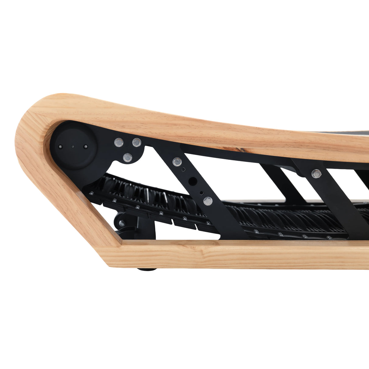 Curved treadmill in light oak finish, featuring a sleek design with a smooth, curved frame and textured running surface