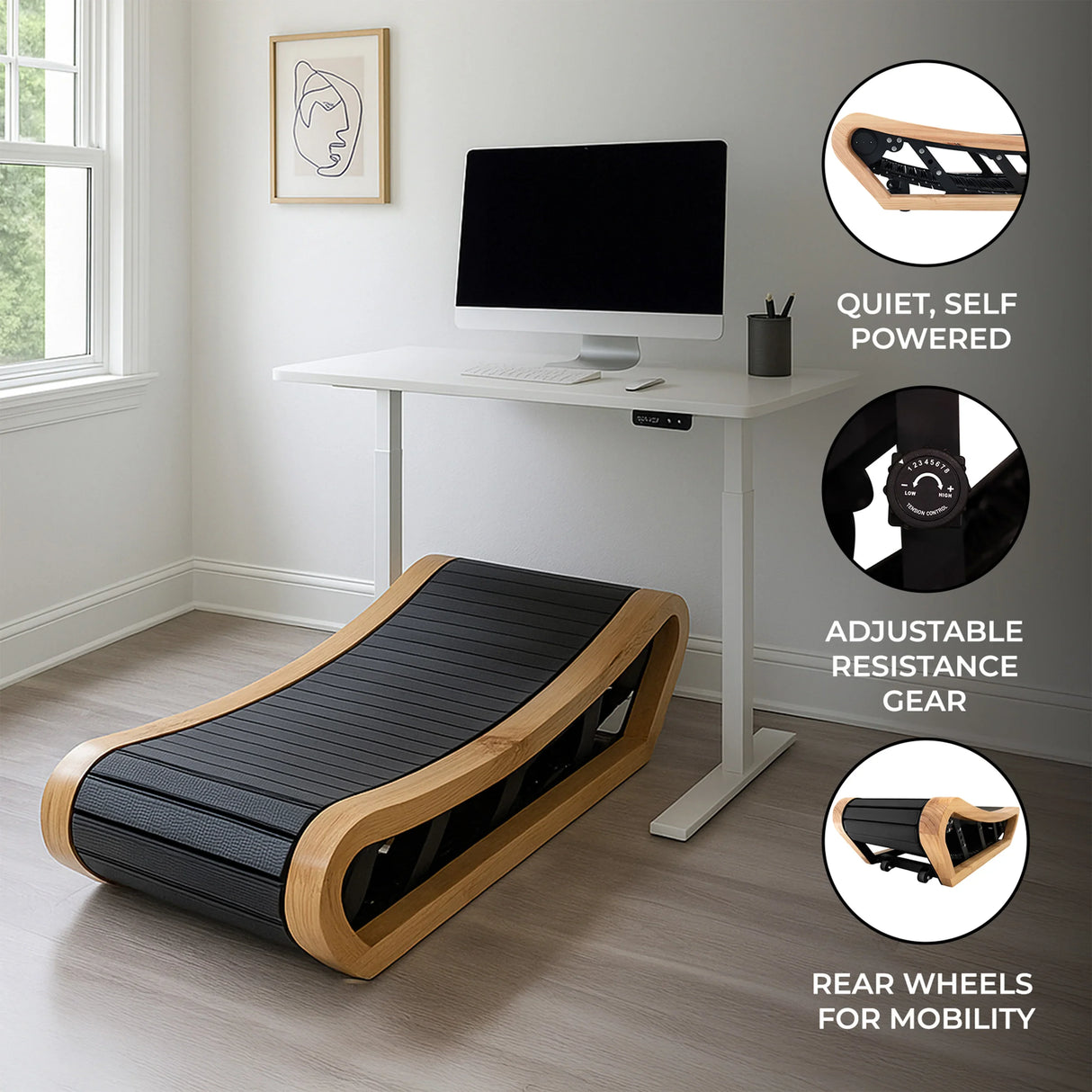 Curved treadmill in light oak finish with black textured surface, adjustable resistance, and rear wheels for easy mobility
