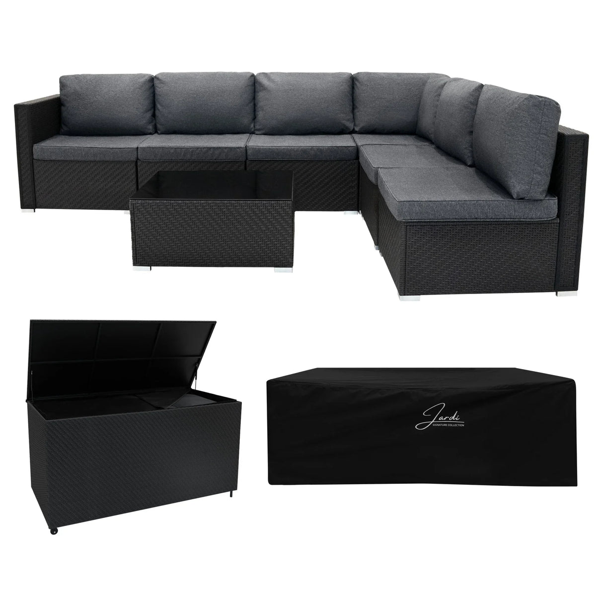 Rattan modular 7-piece furniture set in black with gray cushions, includes a storage box and sleek glass-top coffee table