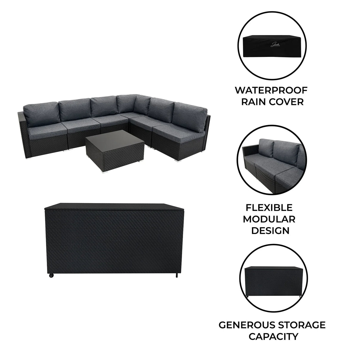 Rattan modular 7 piece furniture set in black with plush gray cushions, includes a waterproof cover and spacious storage box