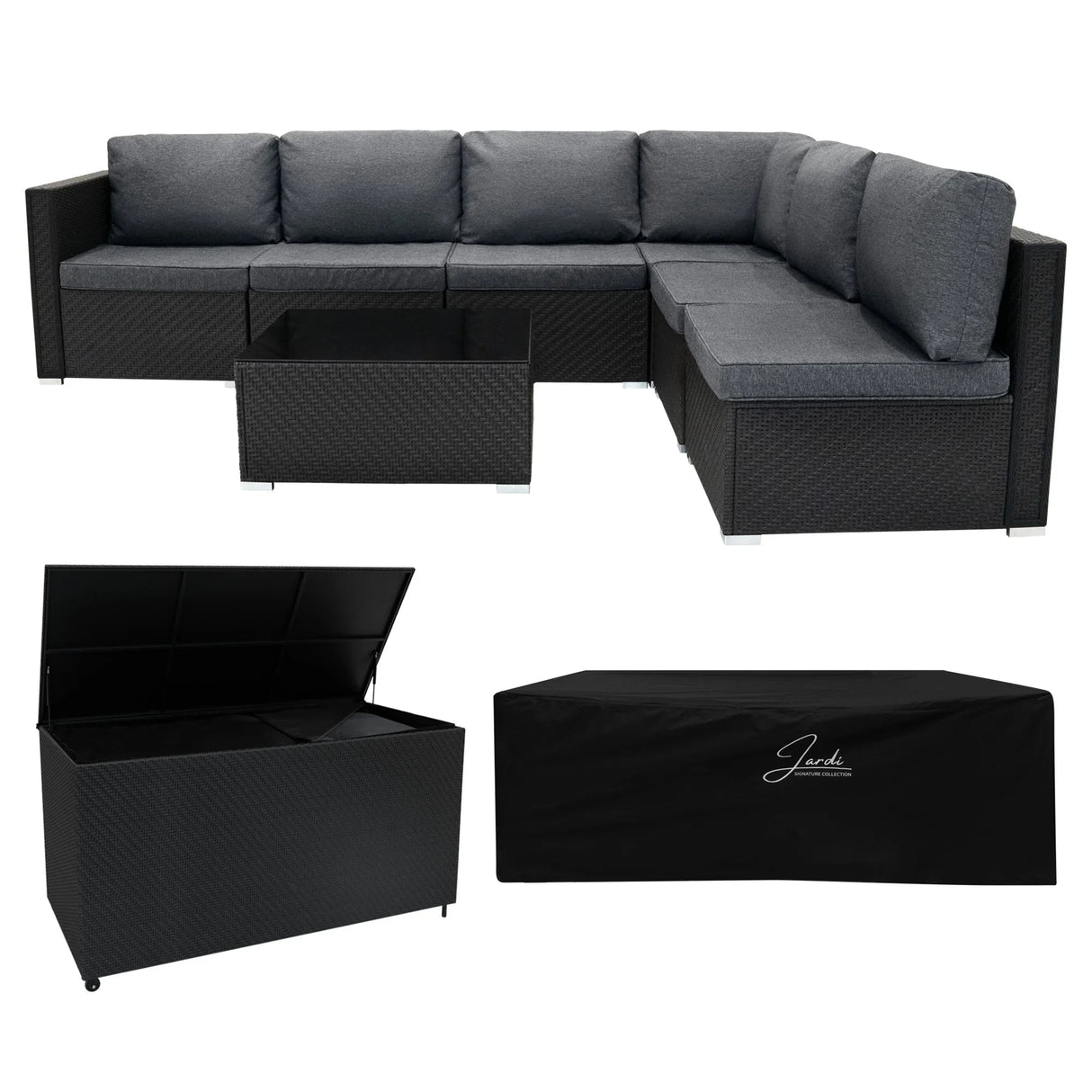 Rattan modular 7-piece furniture set in black with gray cushions, includes a storage box for outdoor use and stylish design