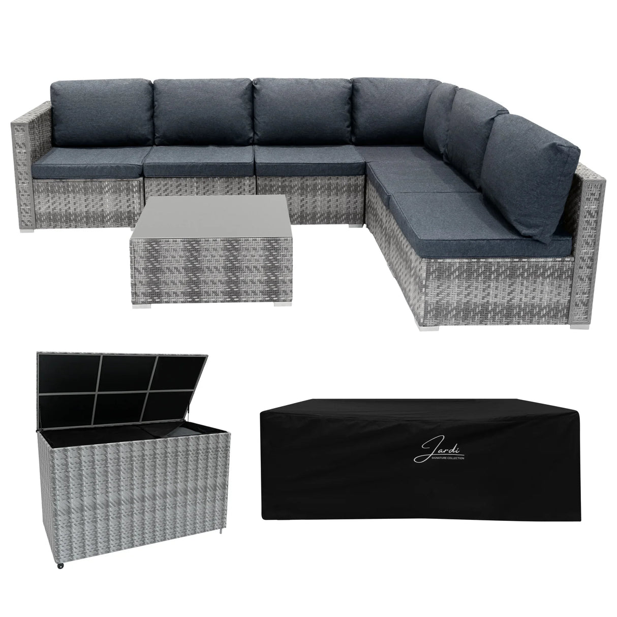 Grey rattan modular 7-piece furniture set with plush cushions, a sleek coffee table, and a spacious 700L storage box