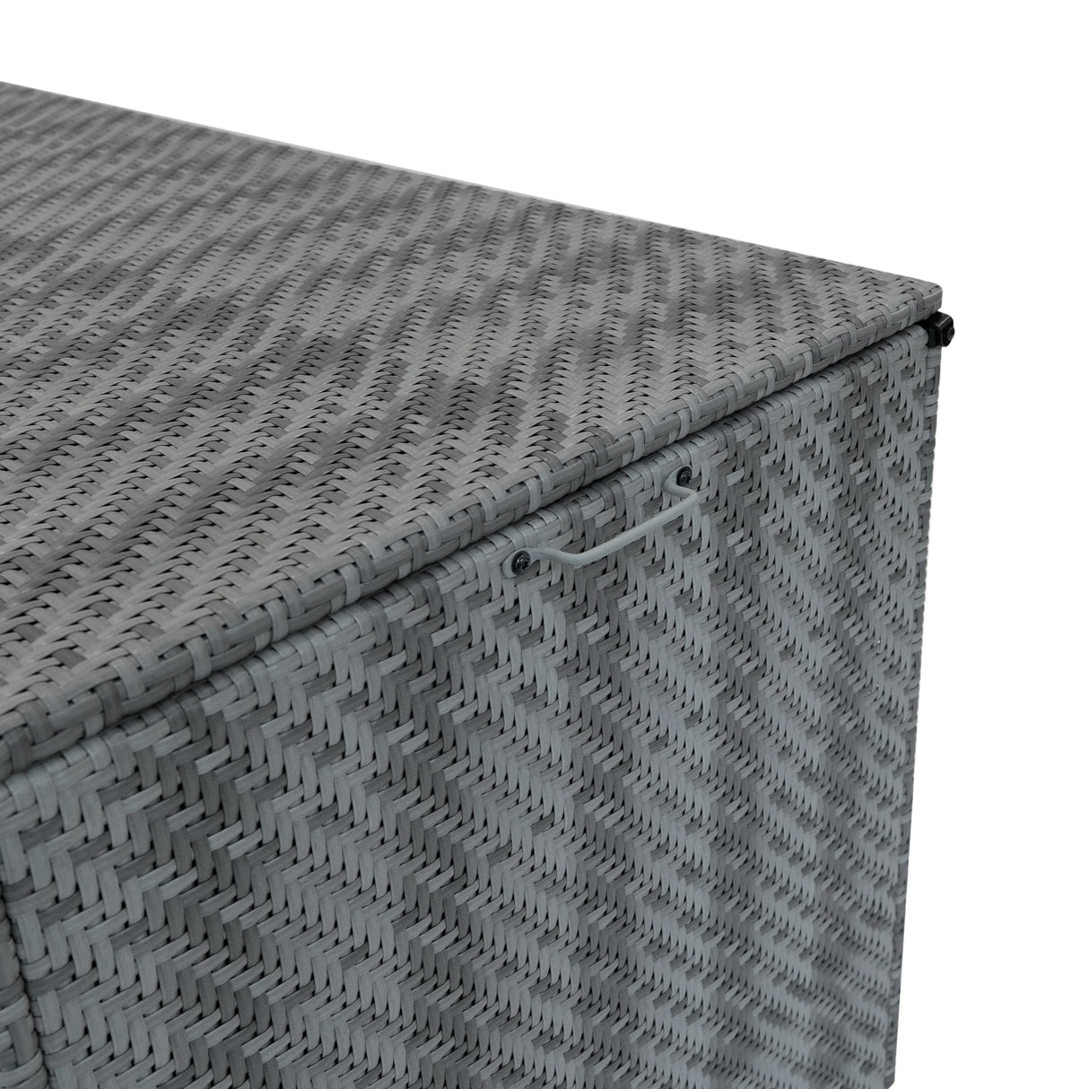 Grey rattan storage box with a textured woven design, featuring a sturdy lid and a handle for easy access, ideal for outdoor use