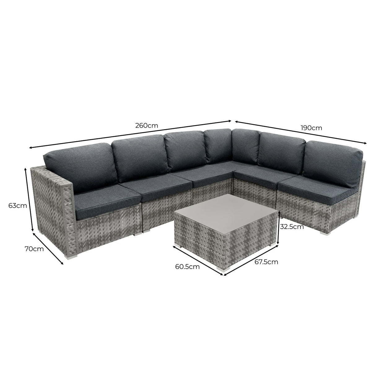 Grey rattan modular 7 piece furniture set with plush dark cushions and a sleek coffee table, ideal for outdoor lounging and storage