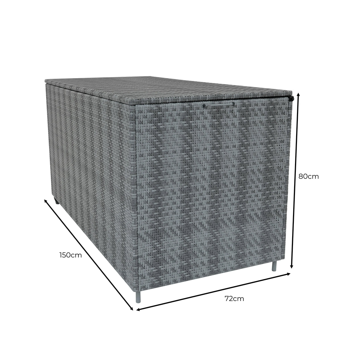 Grey rattan storage box with a textured weave, measuring 150cm x 72cm x 80cm, perfect for outdoor furniture organization