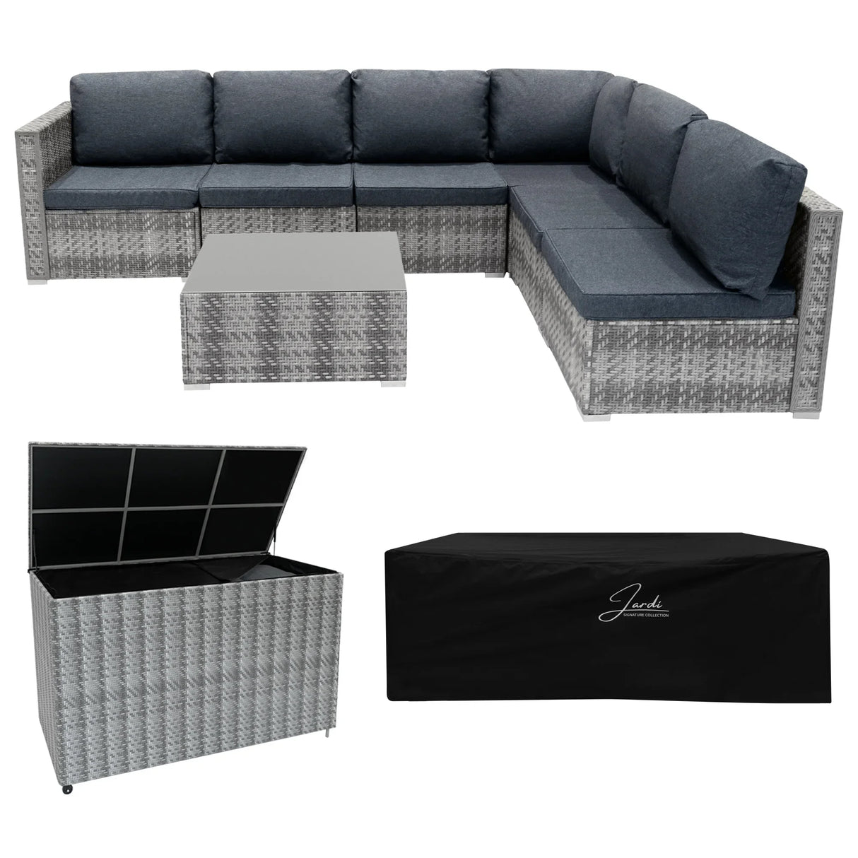 Grey rattan modular 7-piece furniture set with plush cushions, accompanied by a 996L storage box and protective cover, ideal for outdoor spaces