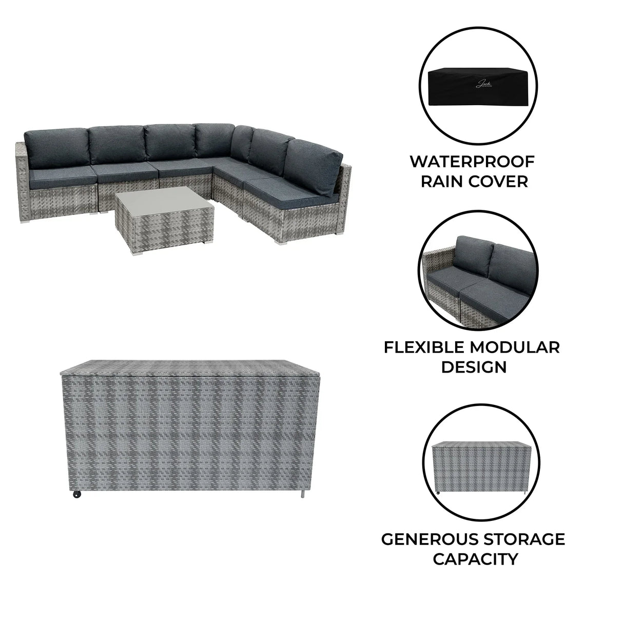 Grey rattan modular 7-piece furniture set with plush cushions, includes a storage box, featuring a flexible design and waterproof cover