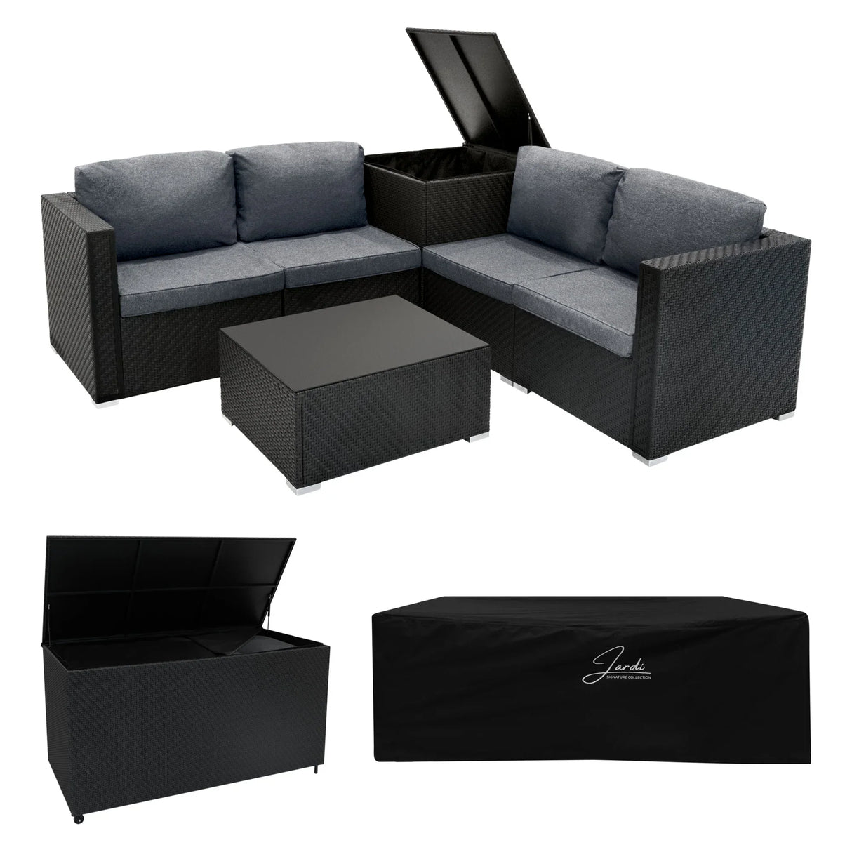 Rattan modular 6-piece furniture set in black with gray cushions, includes a storage box and sleek coffee table, perfect for outdoor spaces