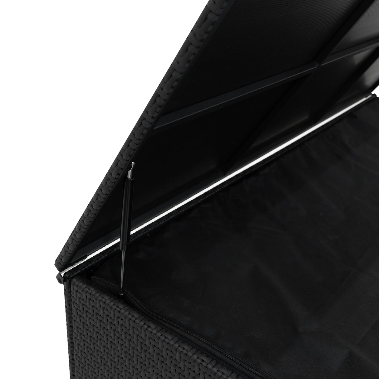 Black rattan storage box with a spacious interior, featuring a hinged lid and textured woven design for outdoor furniture sets