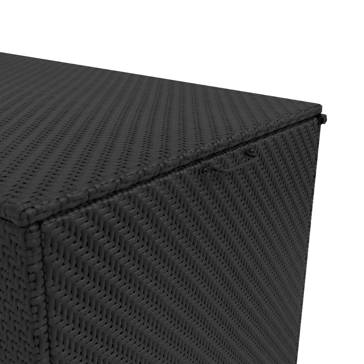 Black rattan storage box with a textured woven design, featuring a lid and spacious interior for organizing outdoor items