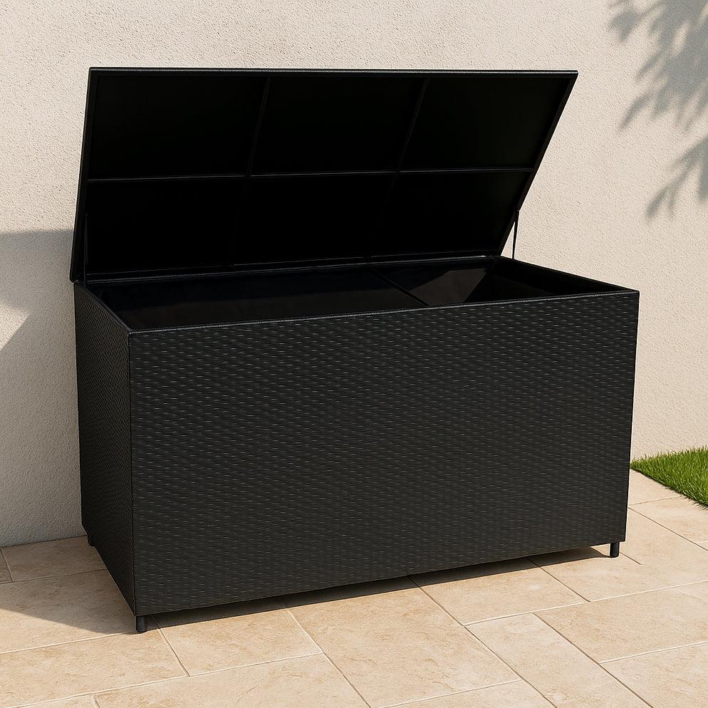 Black rattan storage box with a spacious 700L capacity, featuring a sleek, textured exterior and a hinged lid for easy access