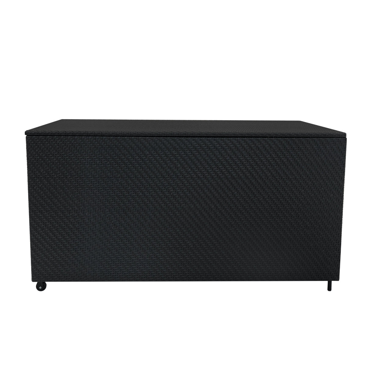Black rattan storage box with a textured finish, featuring a spacious 700L capacity and smooth-rolling wheels for easy mobility