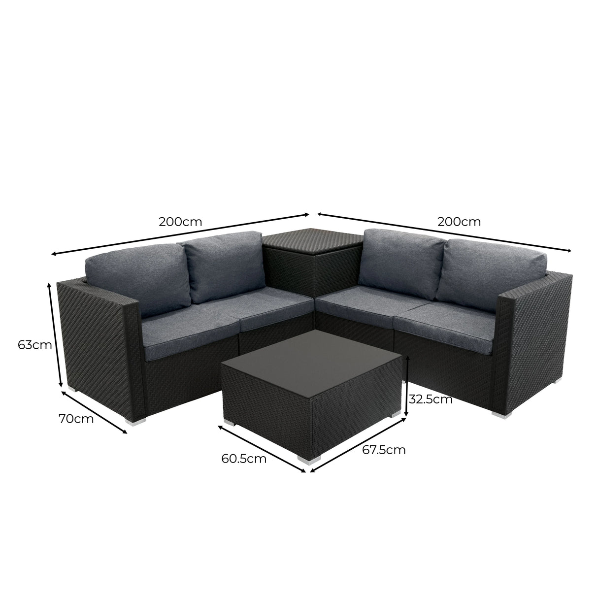 Rattan modular 6-piece furniture set in black with plush blue cushions, featuring a square coffee table and spacious design for outdoor comfort