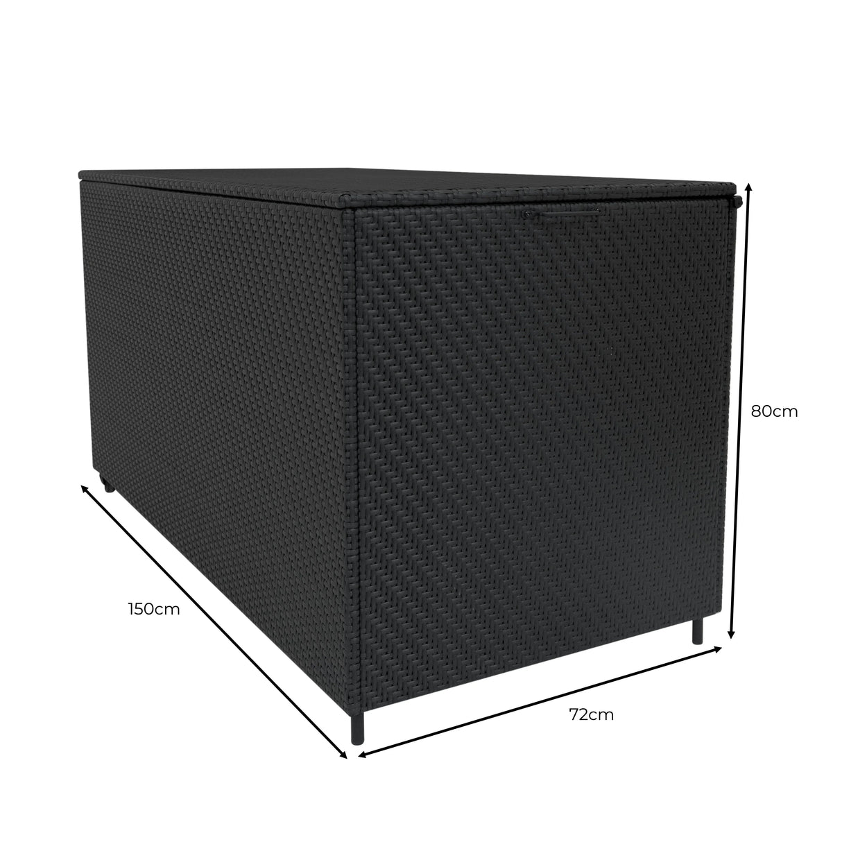 Black rattan storage box measuring 150cm x 72cm x 80cm, featuring a textured weave design and a sleek, modern look