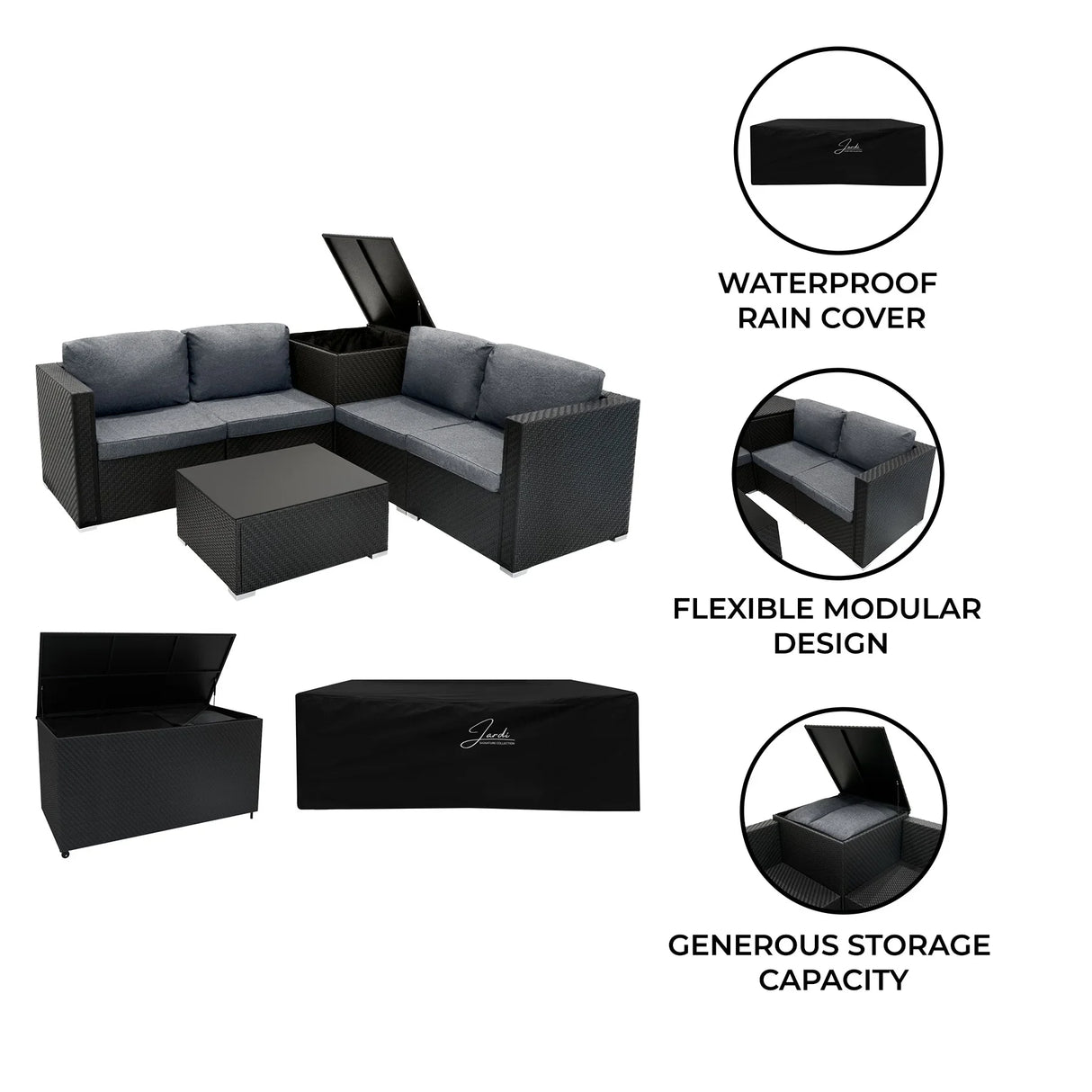 Rattan modular 6-piece furniture set in black with gray cushions, includes a waterproof storage box and flexible design for outdoor use