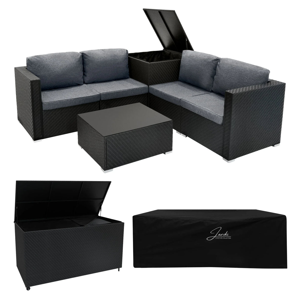 Black rattan modular 6-piece furniture set with plush gray cushions and a matching storage box, perfect for outdoor relaxation