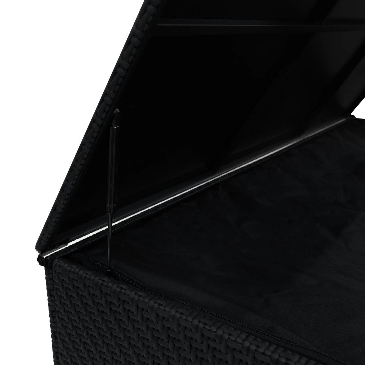 Black rattan storage box with a spacious interior, featuring a sturdy lid and sleek woven texture, ideal for outdoor organization