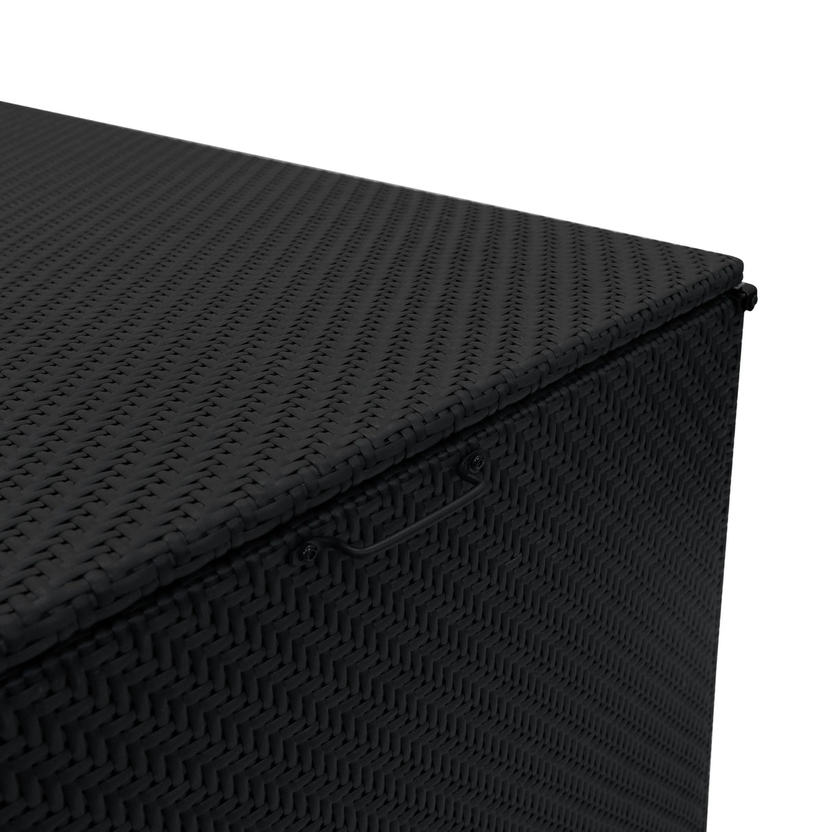 Black rattan storage box with a textured surface, featuring a sturdy lid and side handle for easy access and organization