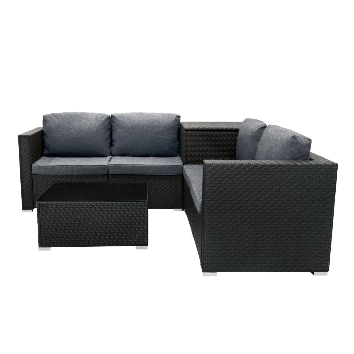 Rattan modular 6-piece furniture set in black with gray cushions, featuring a sleek design and textured finish, ideal for outdoor spaces