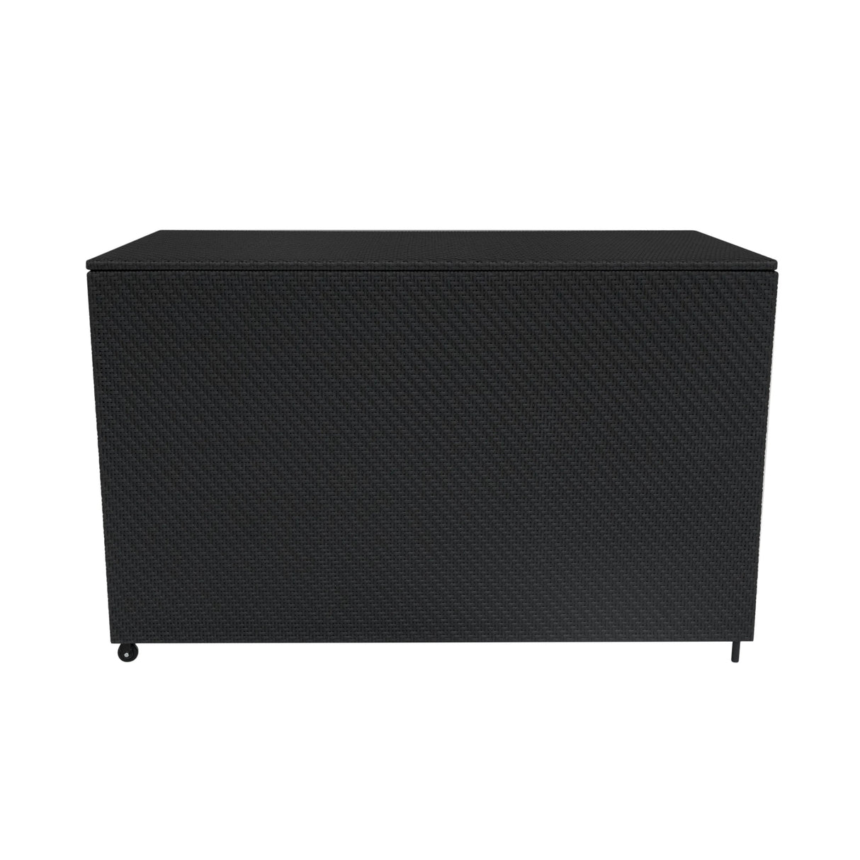 Black rattan storage box with a textured finish, featuring a sleek rectangular shape and wheels for easy mobility