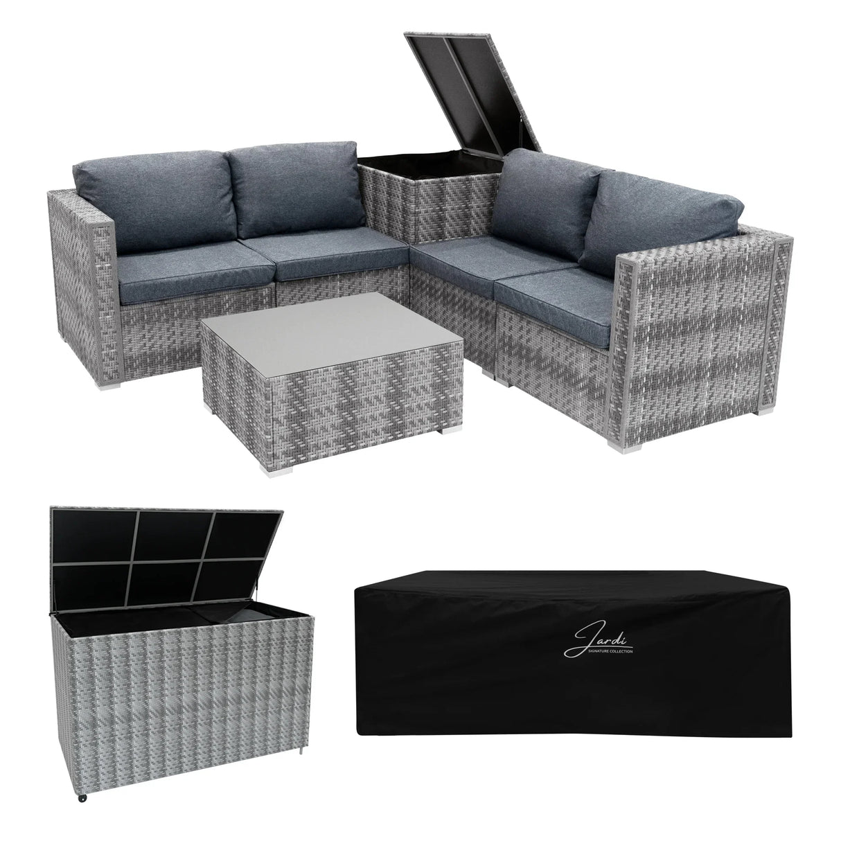 Grey rattan modular 6-piece furniture set with plush cushions, a sleek coffee table, and a 700L storage box for outdoor use