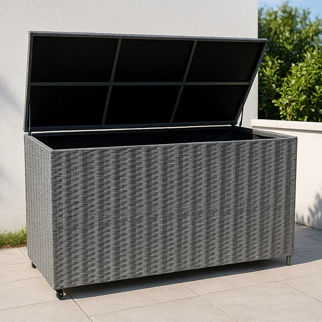 Grey rattan storage box with a spacious interior and a hinged lid, designed for outdoor use, placed on a patio surface
