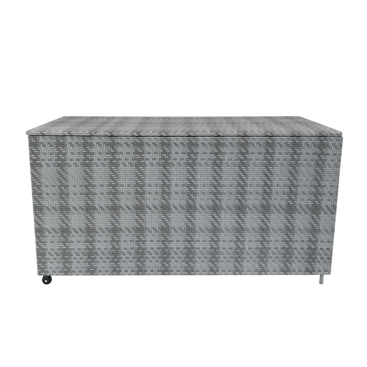 Grey rattan storage box with a textured weave, featuring a spacious 700L capacity and sleek design, ideal for outdoor furniture sets