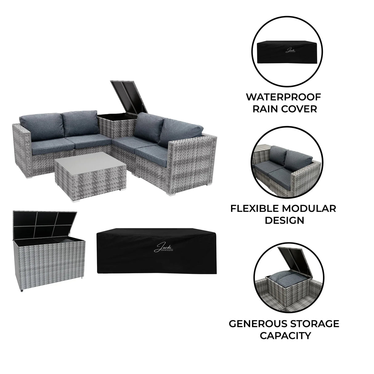 Grey rattan modular 6-piece furniture set with plush cushions, includes a waterproof storage box for outdoor use and convenience