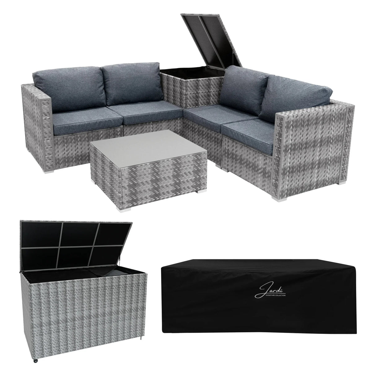 Grey rattan modular 6-piece furniture set with plush cushions, a sleek coffee table, and a spacious 996L storage box with lid