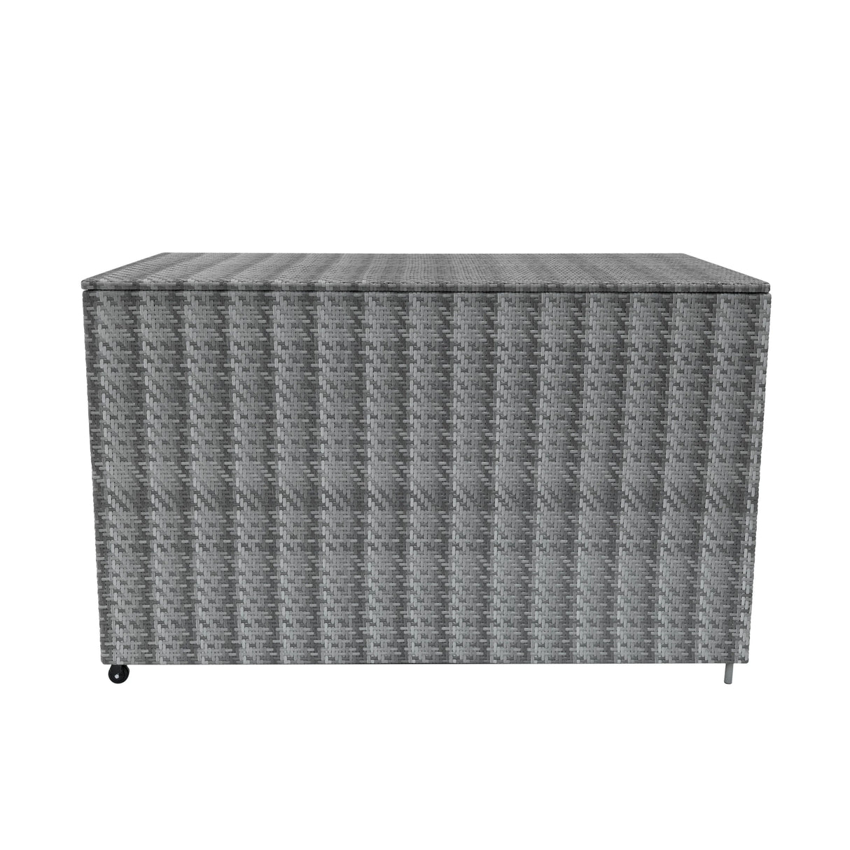 Grey rattan storage box with a textured woven design, featuring a spacious 996L capacity and sleek, modern lines for outdoor use