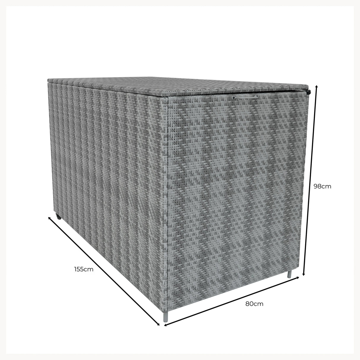 Grey rattan storage box with a sleek design, measuring 155cm x 80cm x 98cm, featuring a textured woven finish and sturdy legs