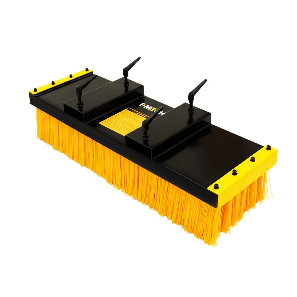 Heavy-duty forklift sweeper brush with bright yellow bristles, sturdy black frame, and dual mounting brackets for easy attachment