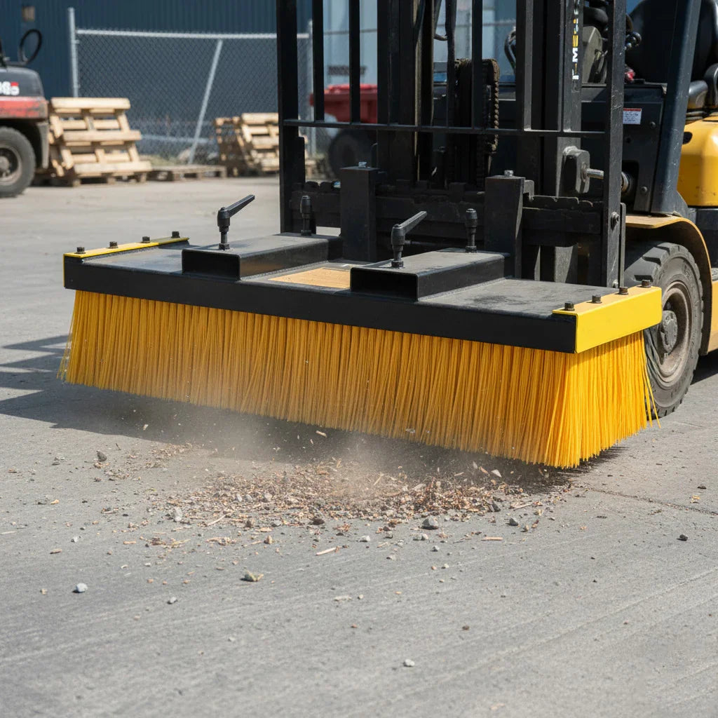 Forklift sweeper brush with bright yellow bristles, sturdy black frame, efficiently clearing debris from a concrete surface