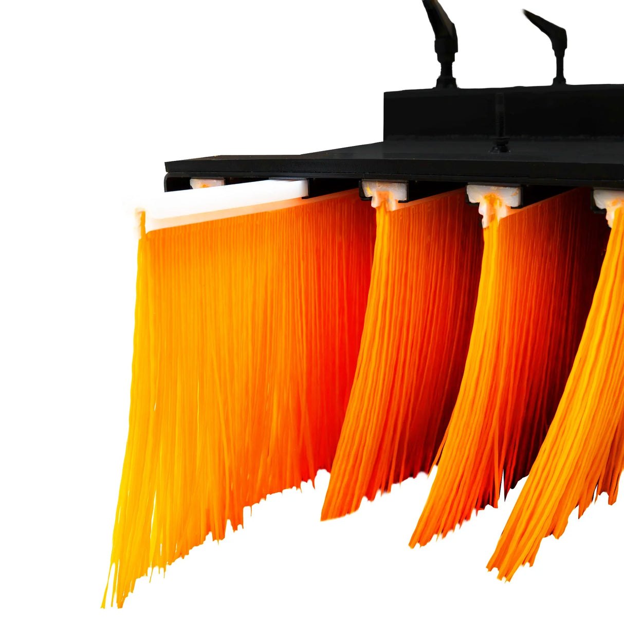 Forklift sweeper brush with vibrant orange bristles, durable black mounting, designed for efficient cleaning of large surfaces