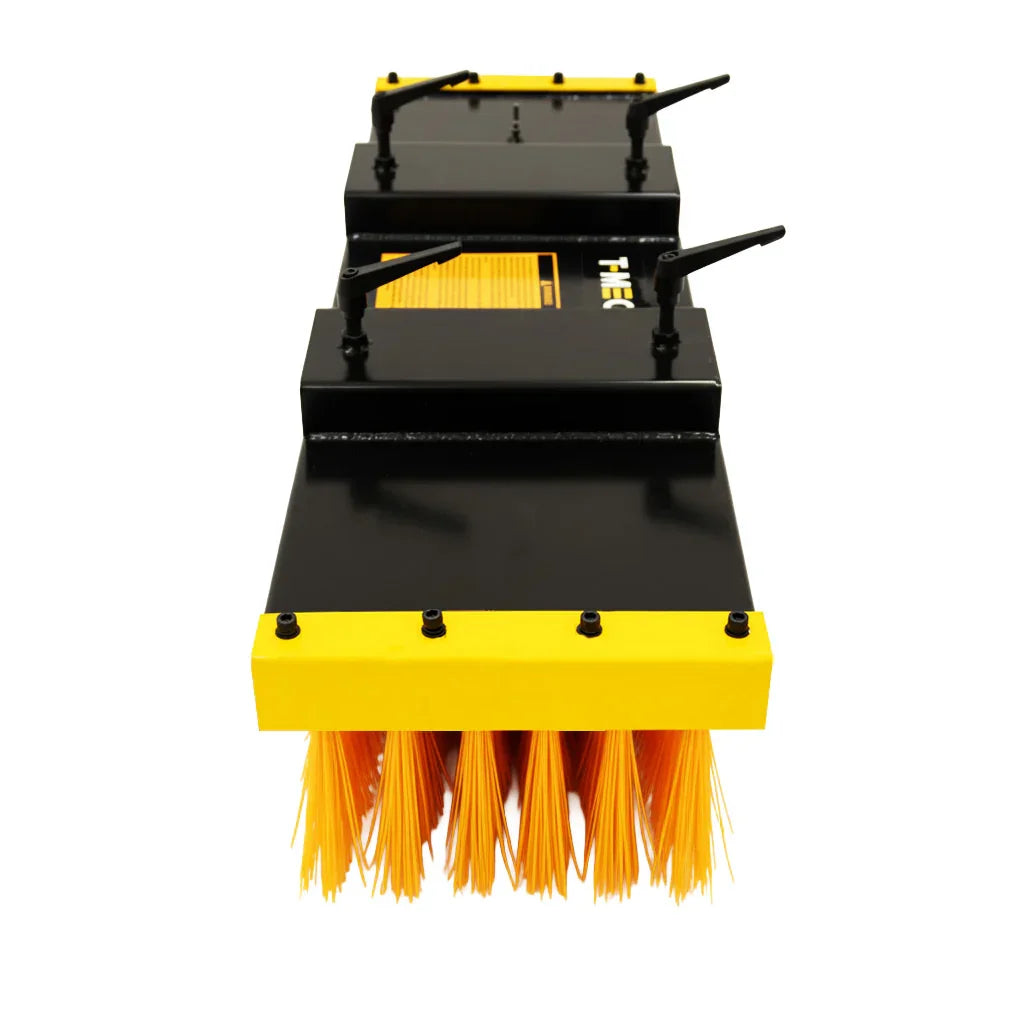 Forklift sweeper brush with yellow bristles, black metal frame, and dual side-mounted nozzles for efficient cleaning performance