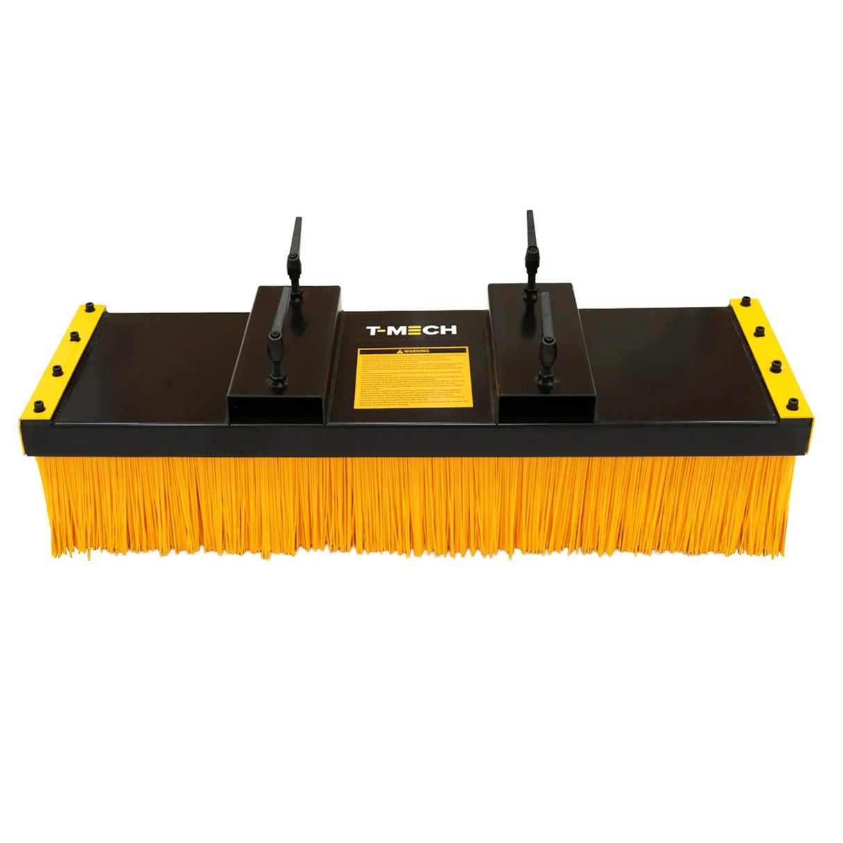 Heavy-duty forklift sweeper brush with bright yellow bristles, sturdy black frame, and adjustable mounting brackets for easy attachment