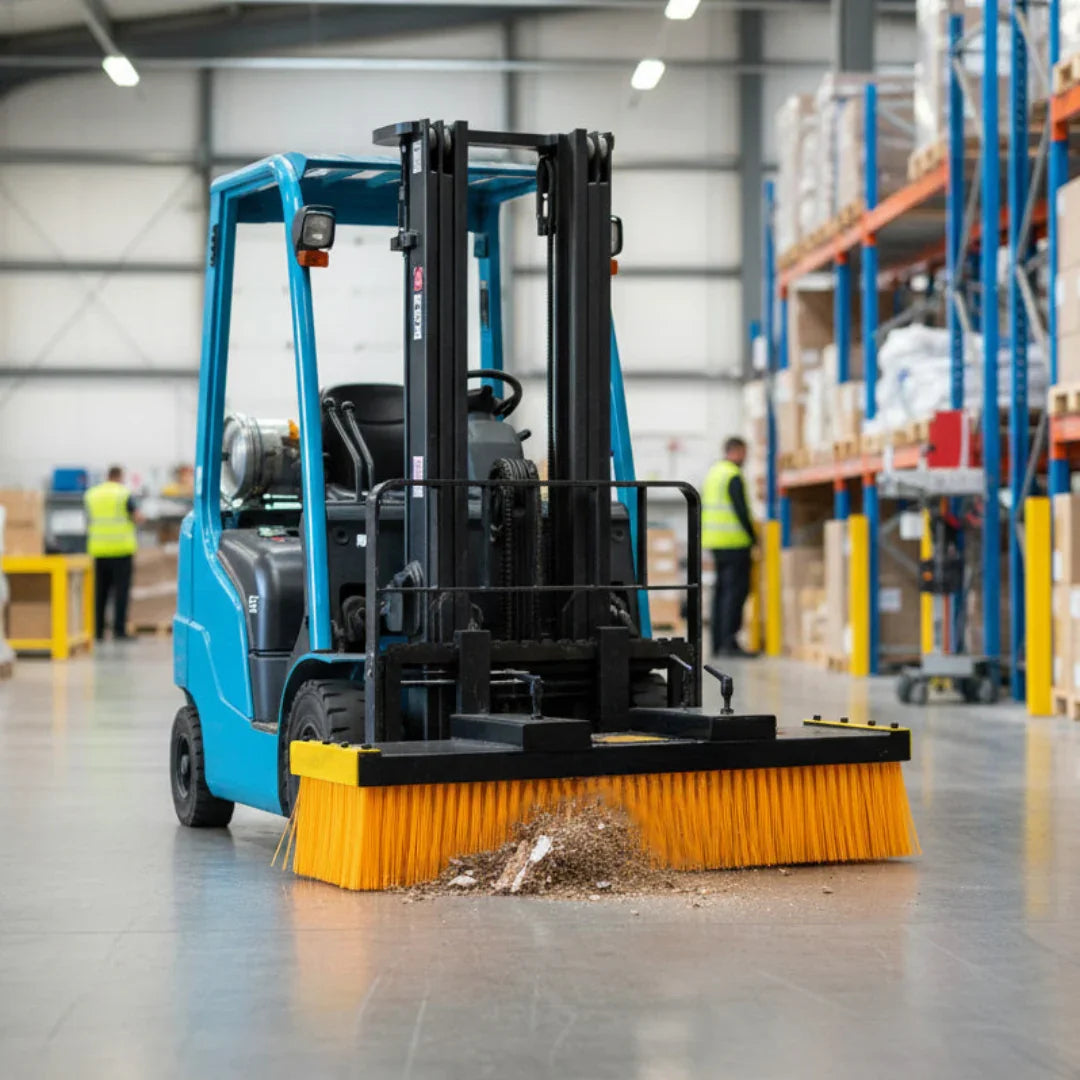 Forklift sweeper brush with bright orange bristles, attached to a blue forklift, cleaning debris in a spacious warehouse setting