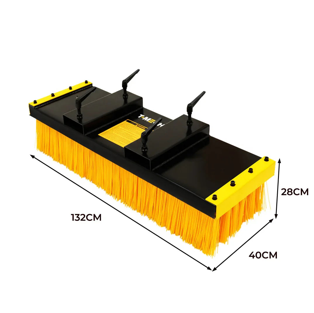 Forklift sweeper brush with bright yellow bristles, black body, dimensions 132cm x 40cm x 28cm, designed for efficient cleaning