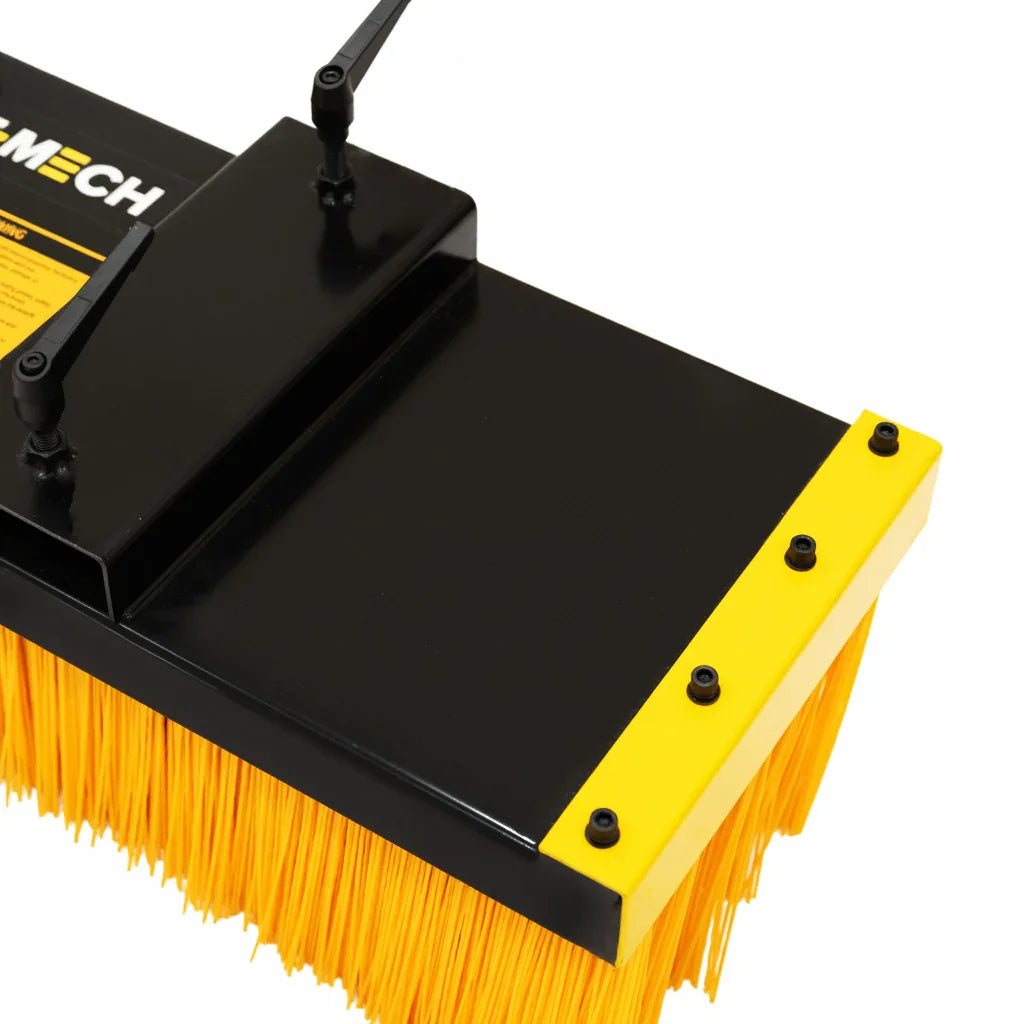 Forklift sweeper brush with durable yellow bristles, black base, and yellow end cap, designed for efficient cleaning on industrial surfaces